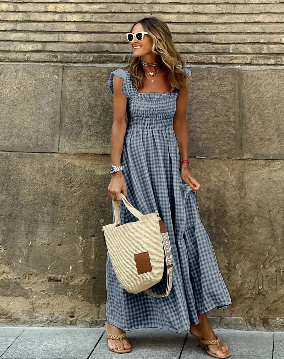 Effortless Gingham Maxi Dress for Women with Square Neck Ruffle Sleeve Smocked Tiered Flowing Style