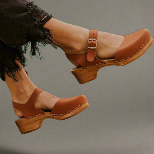 Stylish Leather Clog Sandal for Women with Buckle Ankle Strap Wooden Heel Mule Style