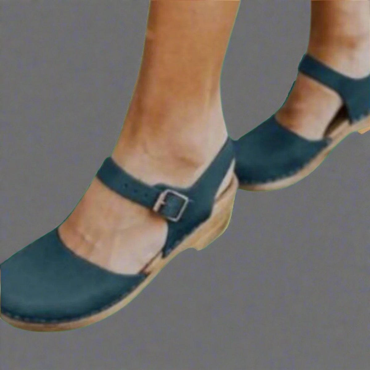 Stylish Leather Clog Sandal for Women with Buckle Ankle Strap Wooden Heel Mule Style