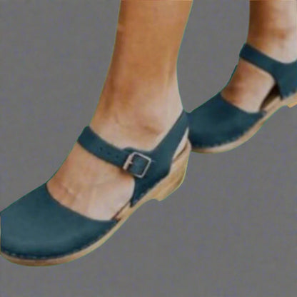 Stylish Leather Clog Sandal for Women with Buckle Ankle Strap Wooden Heel Mule Style