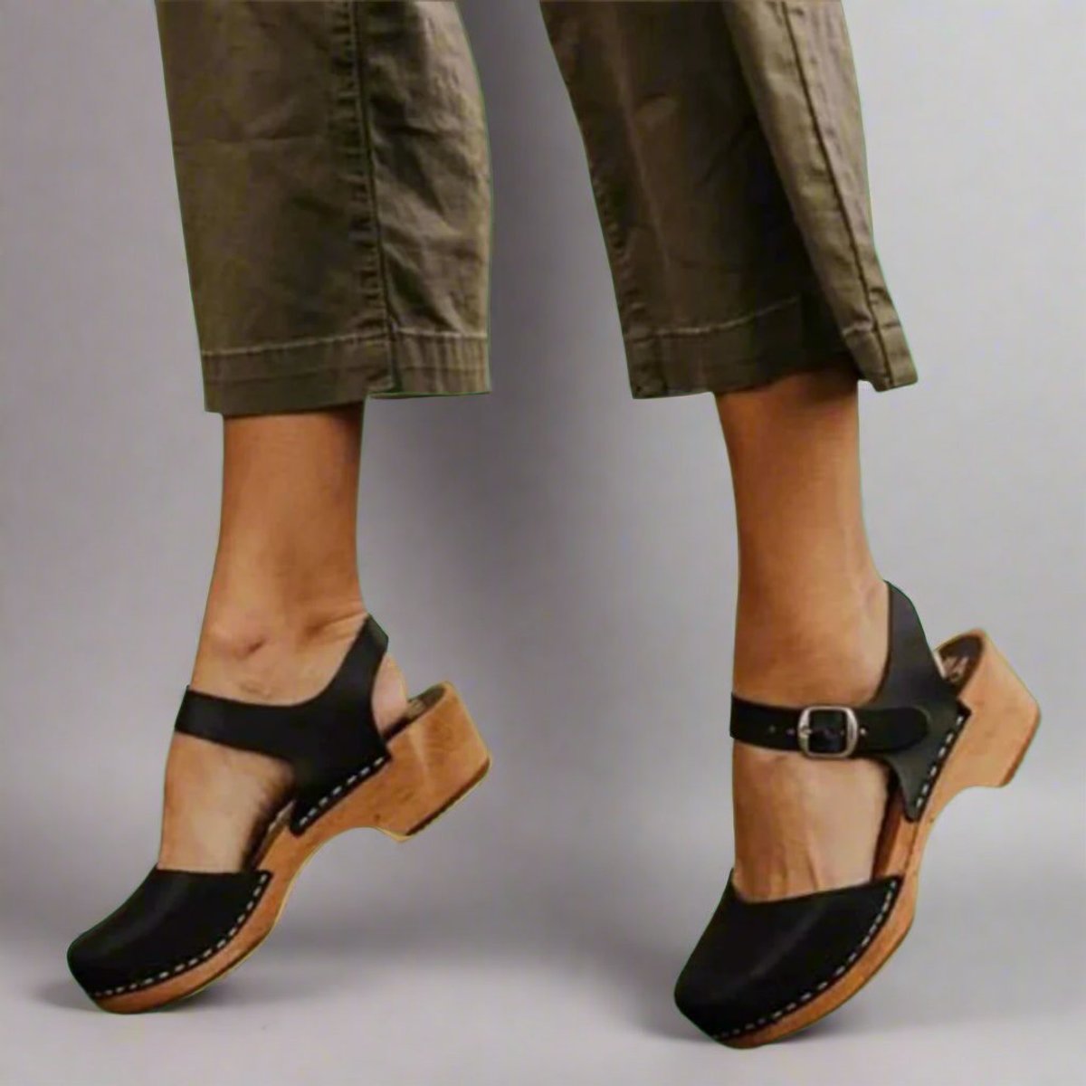 Stylish Leather Clog Sandal for Women with Buckle Ankle Strap Wooden Heel Mule Style