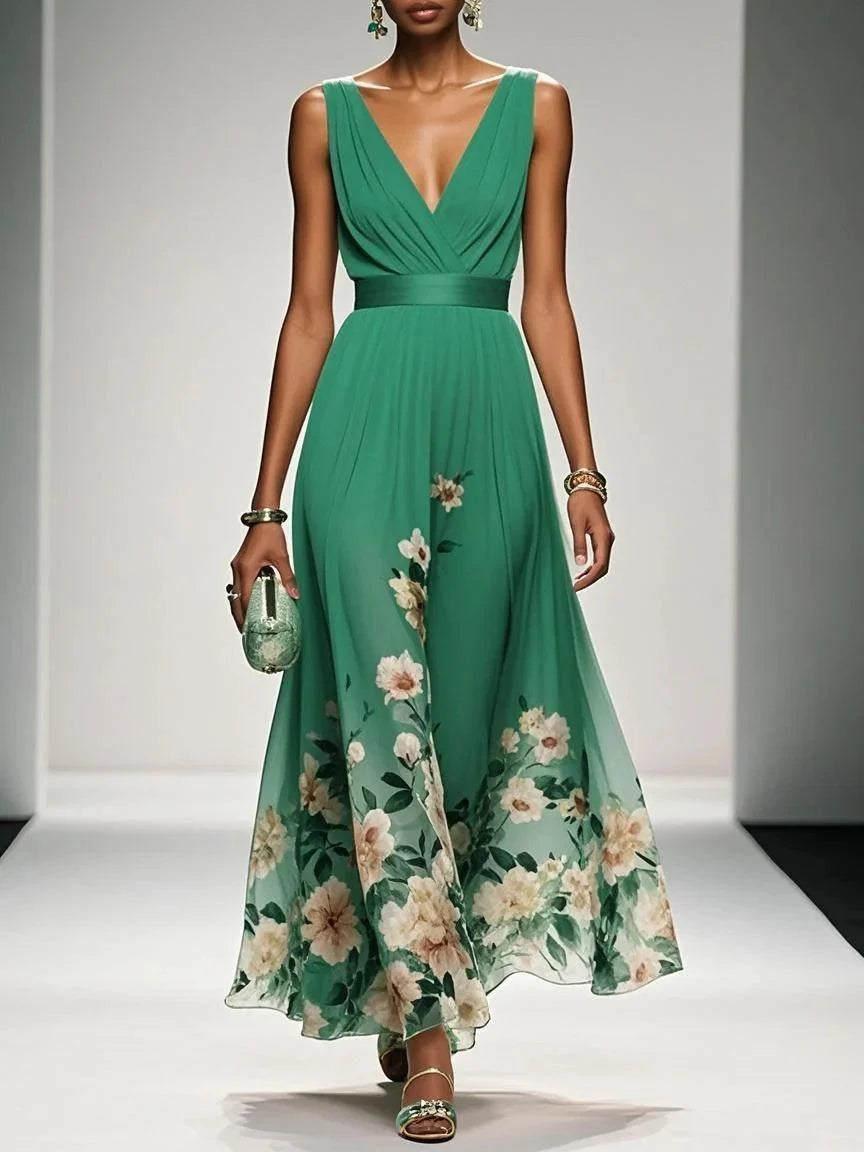 Elegant Floral Maxi Dress for Women with V Neck Sleeveless Pleated Waist Flowing Wedding Guest Style