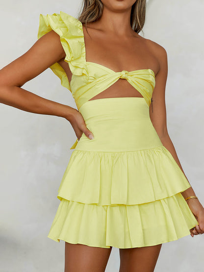 Effortless Floral Tiered Mini Dress for Women with One Shoulder Ruffle Cutout Bohemian Style