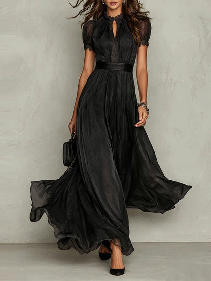 Elegant Chiffon Maxi Dress for Women with High Neck Lace Trim Puff Sleeve Flowing Wedding Guest Style