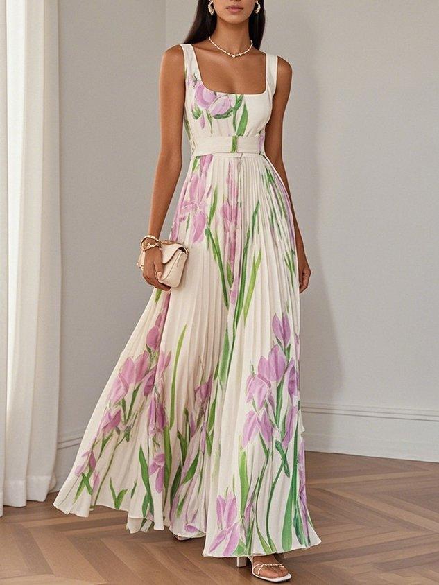 Elegant Floral Maxi Dress for Women with Square Neck Sleeveless Belted Pleated Wedding Guest Style