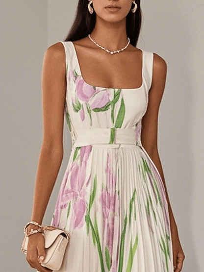 Elegant Floral Maxi Dress for Women with Square Neck Sleeveless Belted Pleated Wedding Guest Style