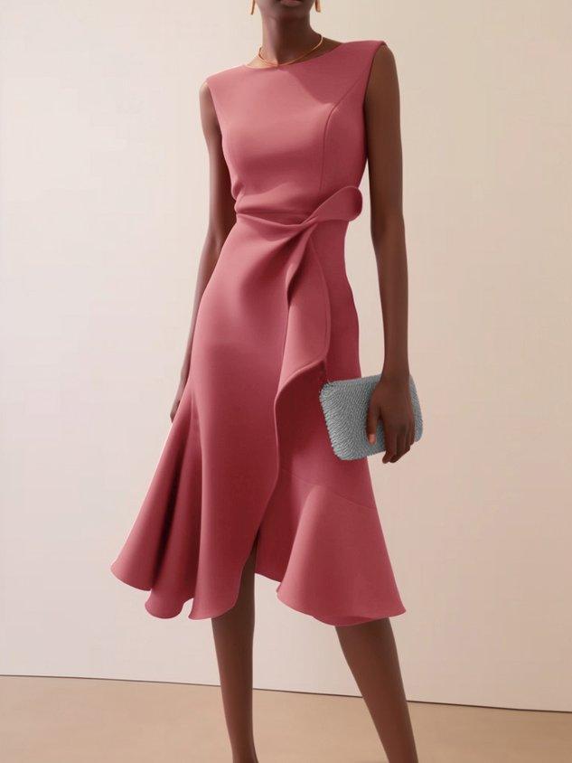Elegant Draped Midi Dress for Women with Boat Neck Sleeveless Ruffle Hem Cocktail Style