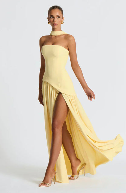 Elegant Draped Maxi Dress for Women with Strapless Scarf Neckline High Slit Formal Wedding Guest Style