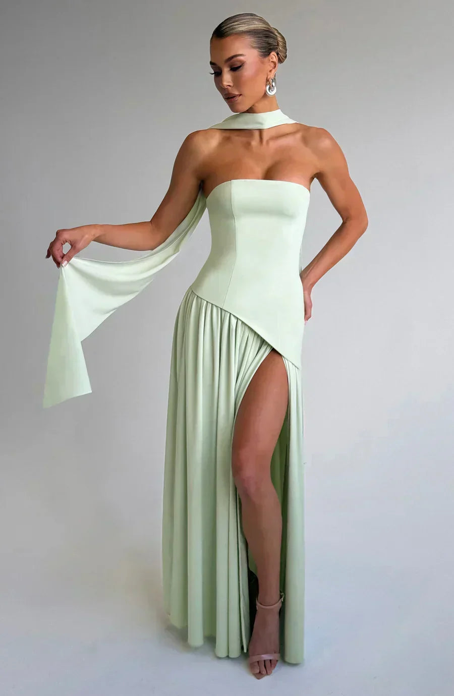 Elegant Draped Maxi Dress for Women with Strapless Scarf Neckline High Slit Formal Wedding Guest Style