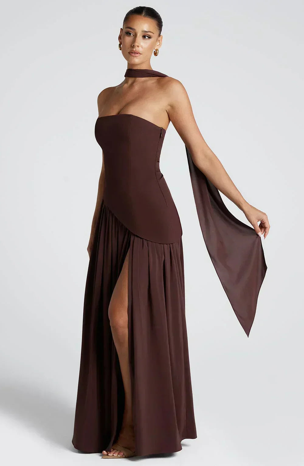 Elegant Draped Maxi Dress for Women with Strapless Scarf Neckline High Slit Formal Wedding Guest Style