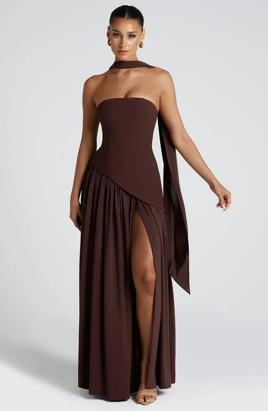 Elegant Draped Maxi Dress for Women with Strapless Scarf Neckline High Slit Formal Wedding Guest Style