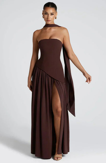 Elegant Draped Maxi Dress for Women with Strapless Scarf Neckline High Slit Formal Wedding Guest Style