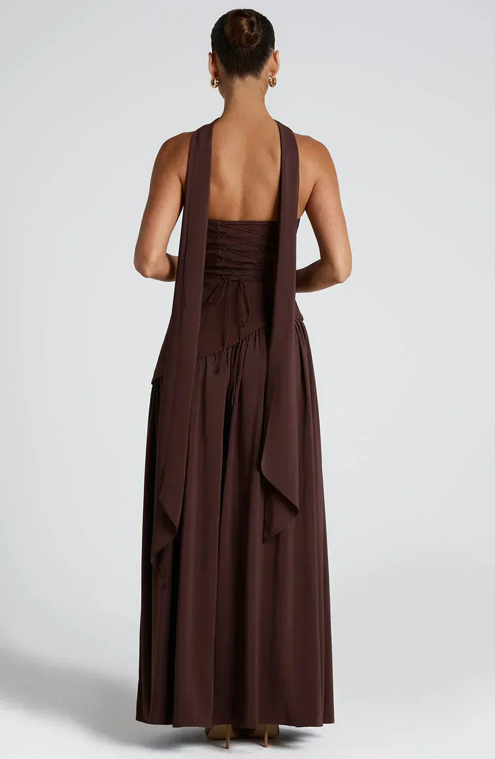 Elegant Draped Maxi Dress for Women with Strapless Scarf Neckline High Slit Formal Wedding Guest Style