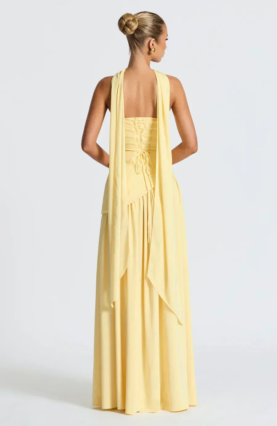 Elegant Draped Maxi Dress for Women with Strapless Scarf Neckline High Slit Formal Wedding Guest Style
