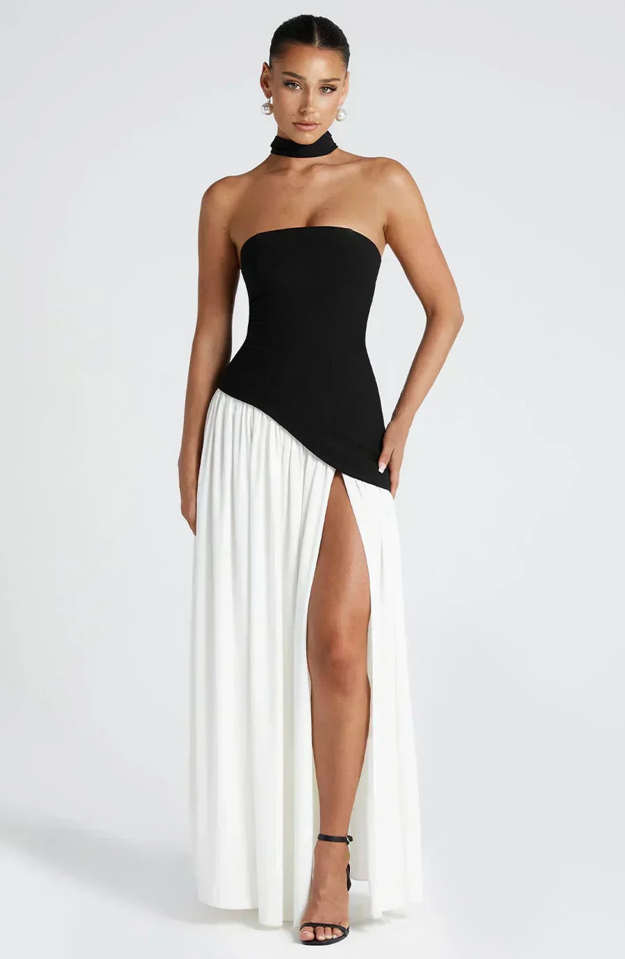 Elegant Draped Maxi Dress for Women with Strapless Scarf Neckline High Slit Formal Wedding Guest Style