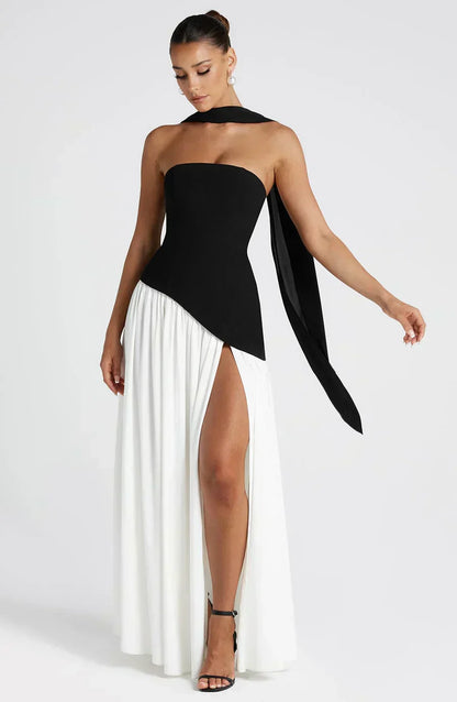 Elegant Draped Maxi Dress for Women with Strapless Scarf Neckline High Slit Formal Wedding Guest Style