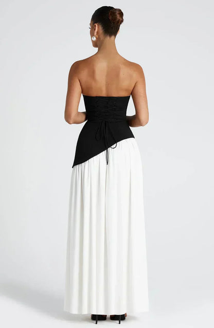 Elegant Draped Maxi Dress for Women with Strapless Scarf Neckline High Slit Formal Wedding Guest Style