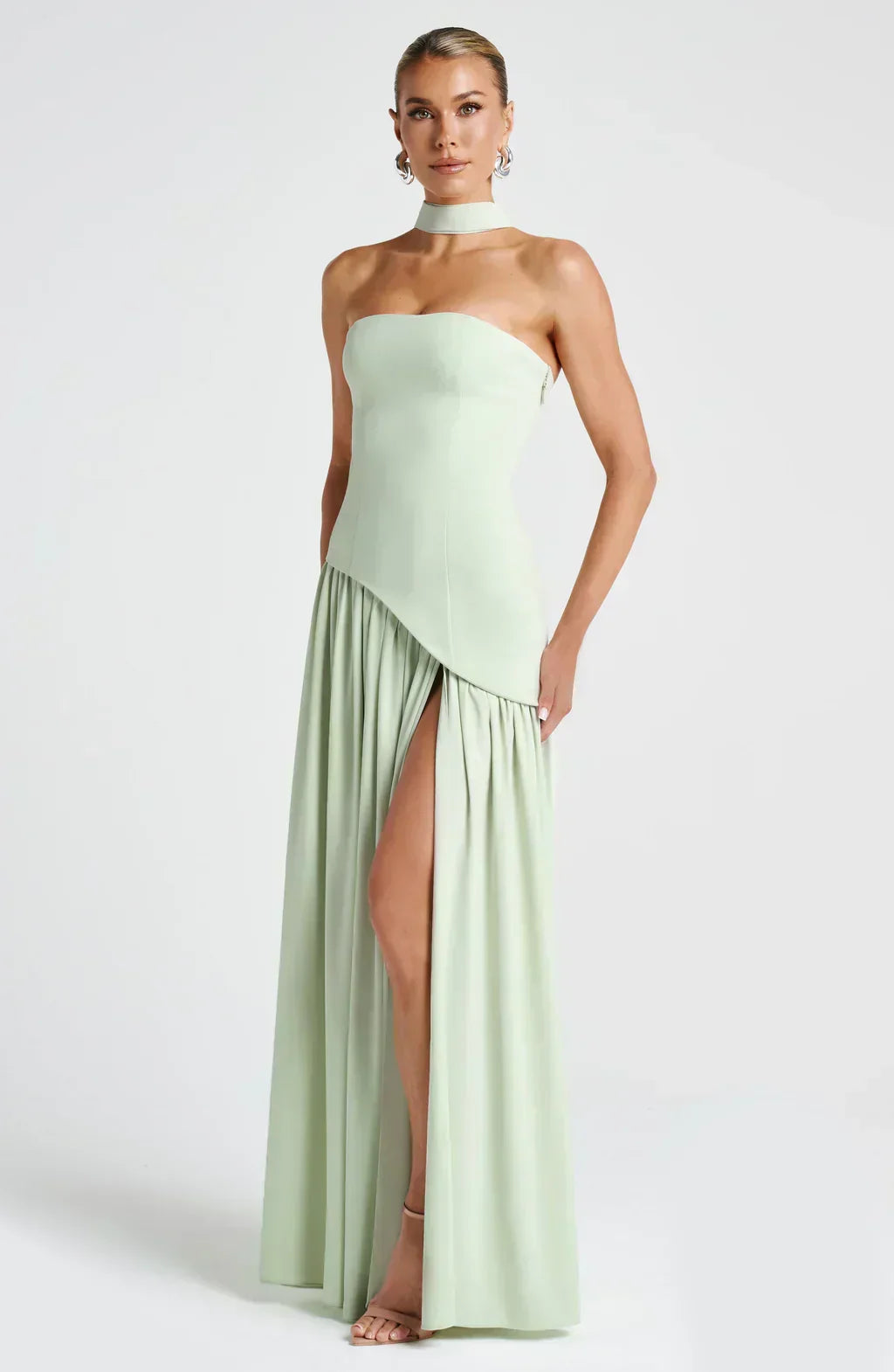 Elegant Draped Maxi Dress for Women with Strapless Scarf Neckline High Slit Formal Wedding Guest Style
