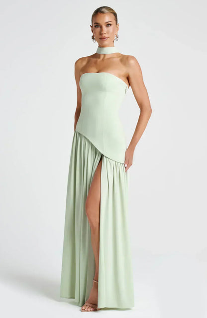 Elegant Draped Maxi Dress for Women with Strapless Scarf Neckline High Slit Formal Wedding Guest Style