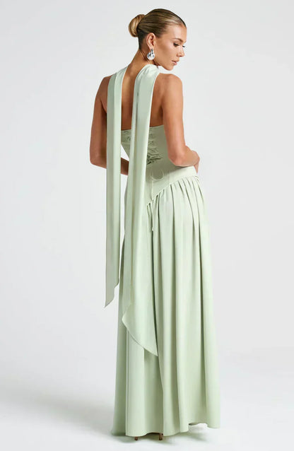 Elegant Draped Maxi Dress for Women with Strapless Scarf Neckline High Slit Formal Wedding Guest Style