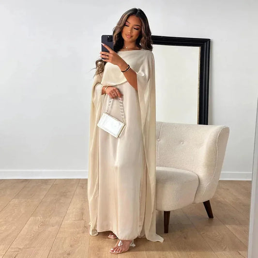 Elegant Chiffon Kaftan Maxi Dress for Women with Round Neck Cape Sleeve Flowing Style