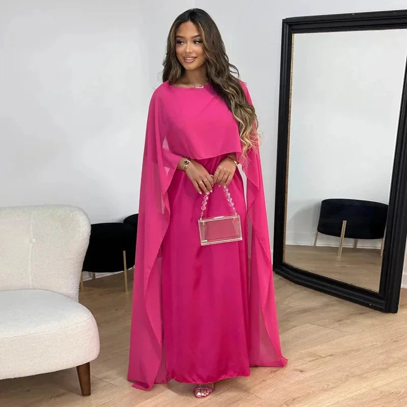 Elegant Chiffon Kaftan Maxi Dress for Women with Round Neck Cape Sleeve Flowing Style