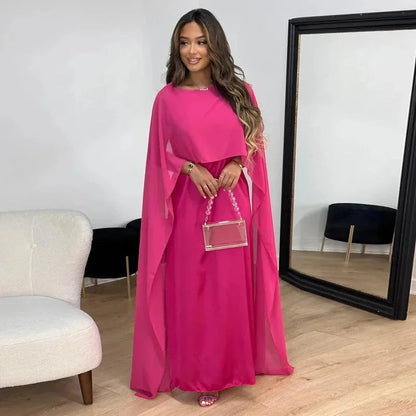 Elegant Chiffon Kaftan Maxi Dress for Women with Round Neck Cape Sleeve Flowing Style