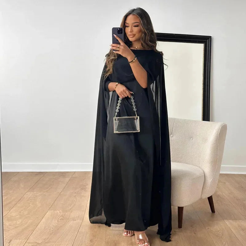 Elegant Chiffon Kaftan Maxi Dress for Women with Round Neck Cape Sleeve Flowing Style