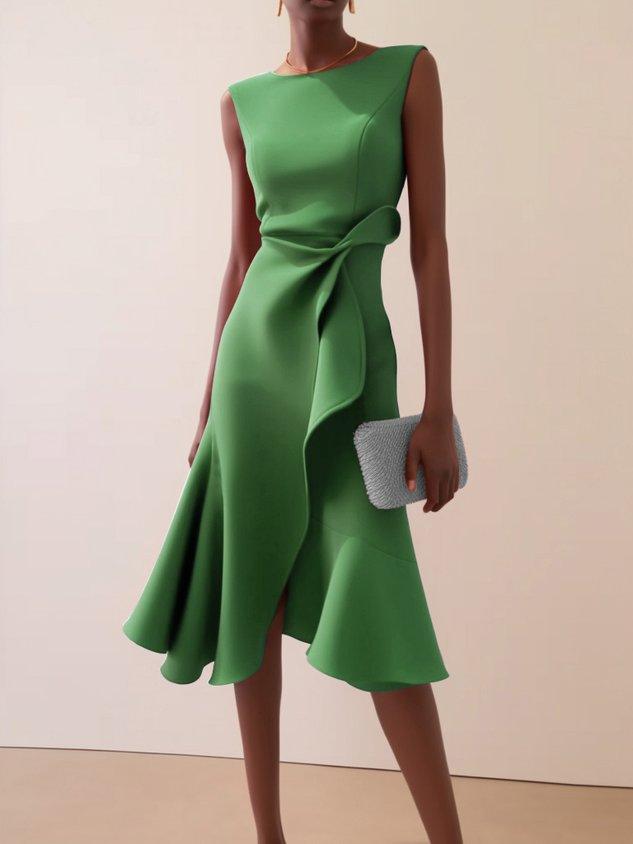 Elegant Draped Midi Dress for Women with Boat Neck Sleeveless Ruffle Hem Cocktail Style