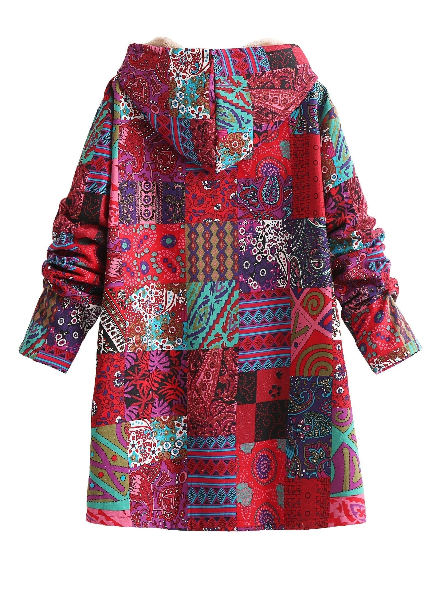 Effortless Patchwork Print Hooded Coat for Women with Long Sleeve Button Front Faux Fur Lined Oversized Style