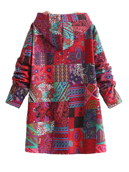 Effortless Patchwork Print Hooded Coat for Women with Long Sleeve Button Front Faux Fur Lined Oversized Style