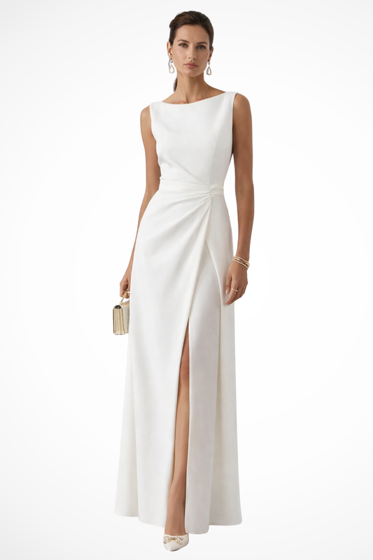 Elegant White Maxi Dress for Women with Boat Neck Sleeveless Draped Front Slit Formal Wedding Guest Style