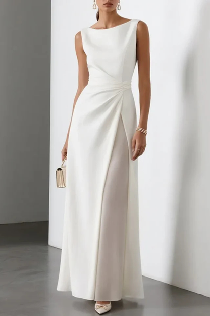 Elegant White Maxi Dress for Women with Boat Neck Sleeveless Draped Front Slit Formal Wedding Guest Style