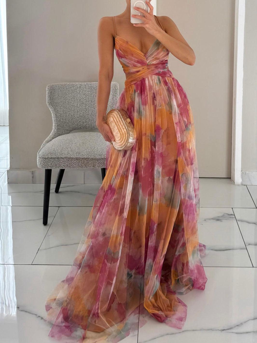 Elegant Watercolor Floral Maxi Dress for Women with V Neck Crisscross Waist Cutout Back Flowing Formal Wedding Guest Style