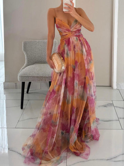 Elegant Watercolor Floral Maxi Dress for Women with V Neck Crisscross Waist Cutout Back Flowing Formal Wedding Guest Style