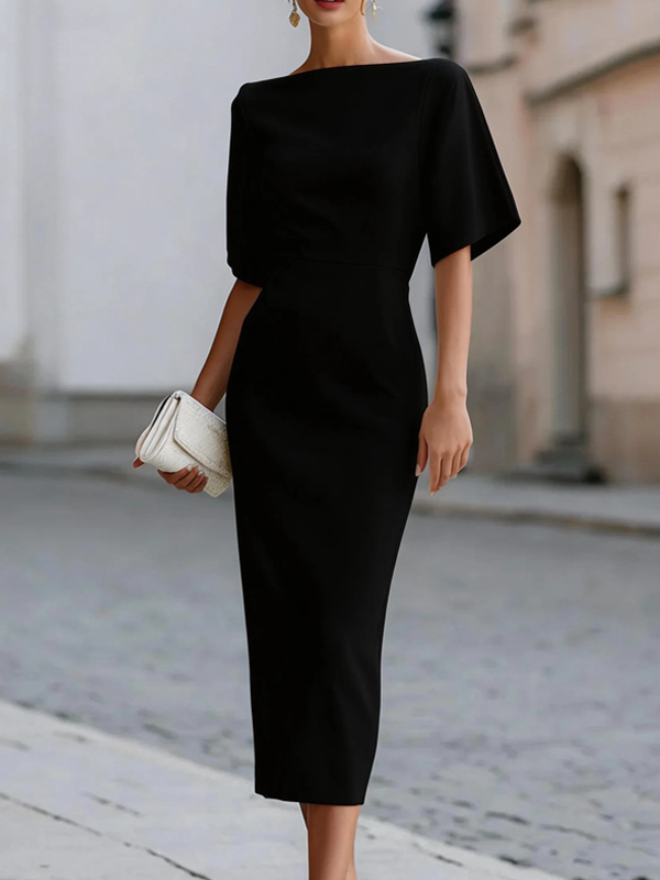 Elegant Sheath Midi Dress for Women with Boat Neck Flutter Sleeve Column Formal Style