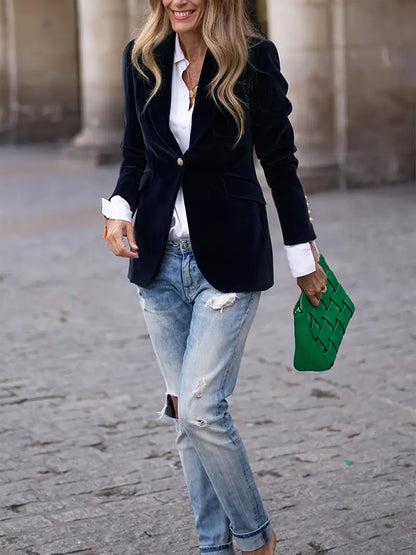 Elegant Velvet Blazer for Women with Peak Lapel Long Sleeve Single Button Tailored Style