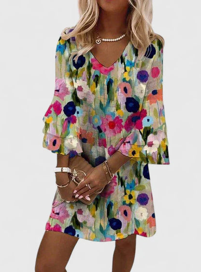 Effortless Floral Mini Dress for Women with V Neck Bell Sleeve Tiered Ruffle Bohemian Style