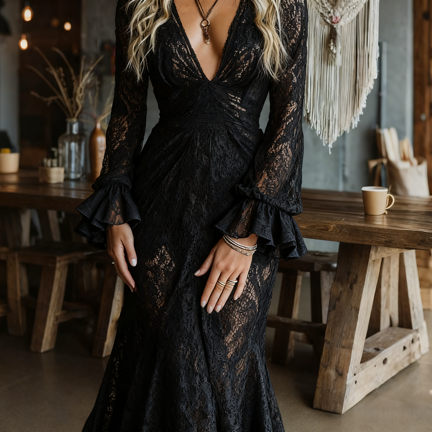 Elegant Black Lace Maxi Dress for Women with V Neck Bell Sleeve Ruched Bohemian Style