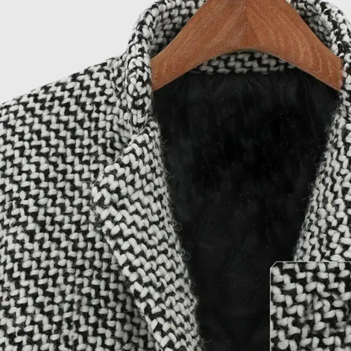 Elegant Gray Houndstooth Tweed Coat for Women with Notch Lapel Long Sleeve Single Button Relaxed Style