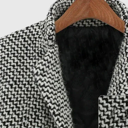 Elegant Gray Houndstooth Tweed Coat for Women with Notch Lapel Long Sleeve Single Button Relaxed Style