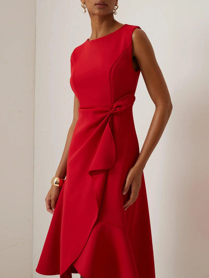 Elegant Draped Midi Dress for Women with Boat Neck Sleeveless Ruffle Hem Cocktail Style