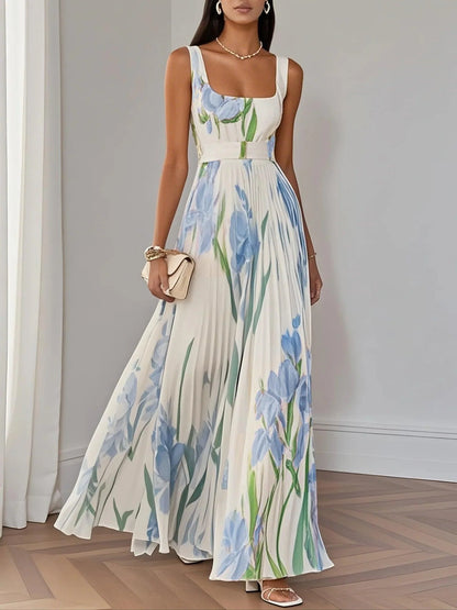 Elegant Floral Maxi Dress for Women with Square Neck Sleeveless Belted Pleated Wedding Guest Style