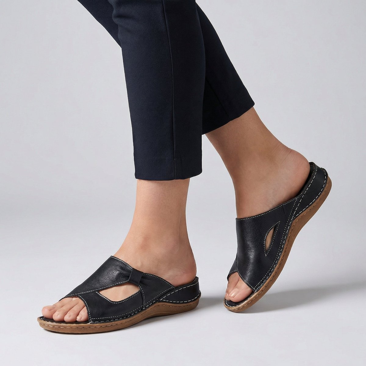 Comfortable Cutout Wedge Slide Sandal for Women with Stitched Detail Low Heel Casual Style