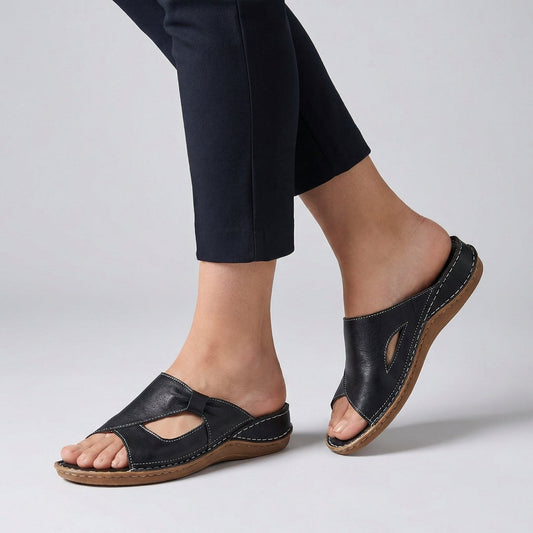 Comfortable Cutout Wedge Slide Sandal for Women with Stitched Detail Low Heel Casual Style