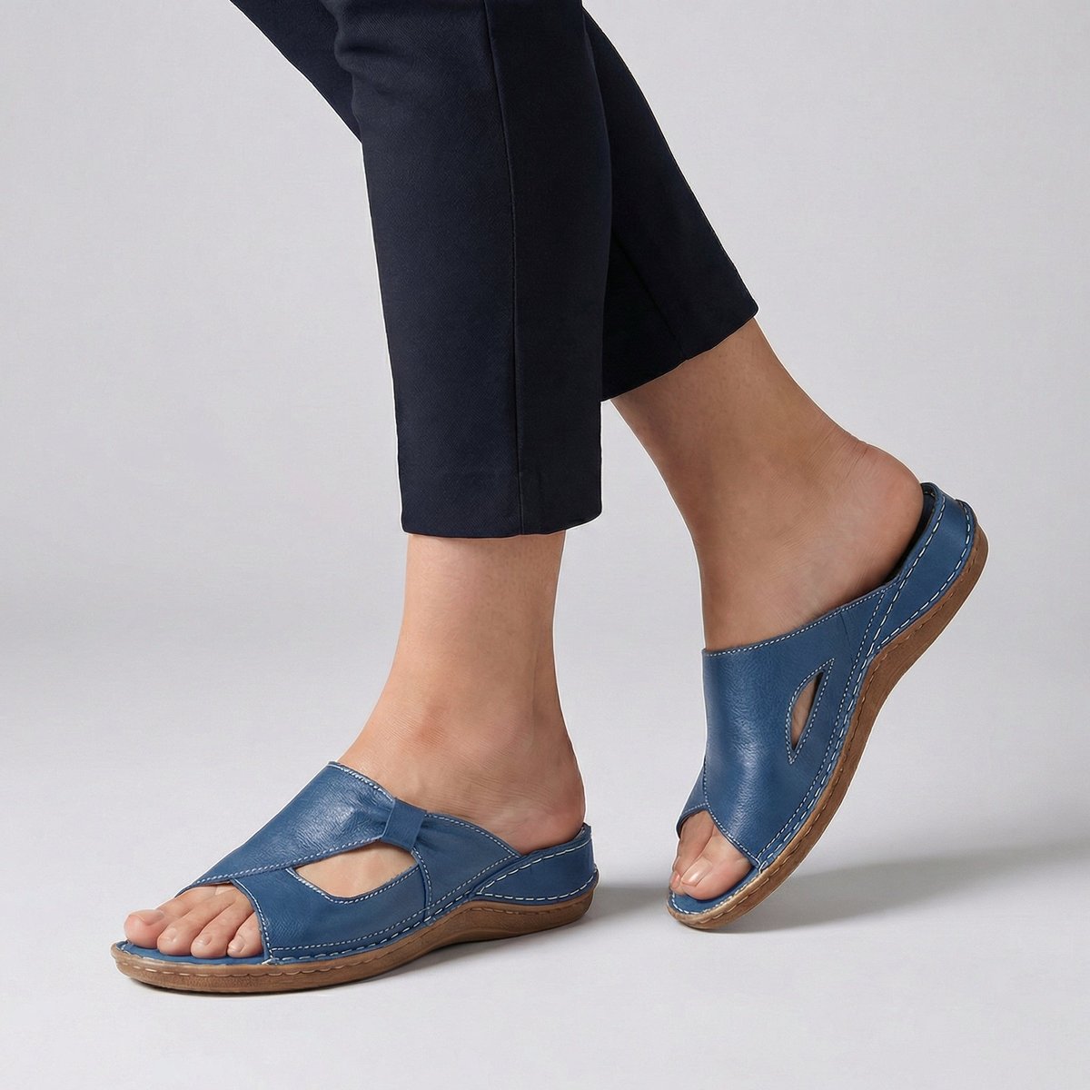 Comfortable Cutout Wedge Slide Sandal for Women with Stitched Detail Low Heel Casual Style
