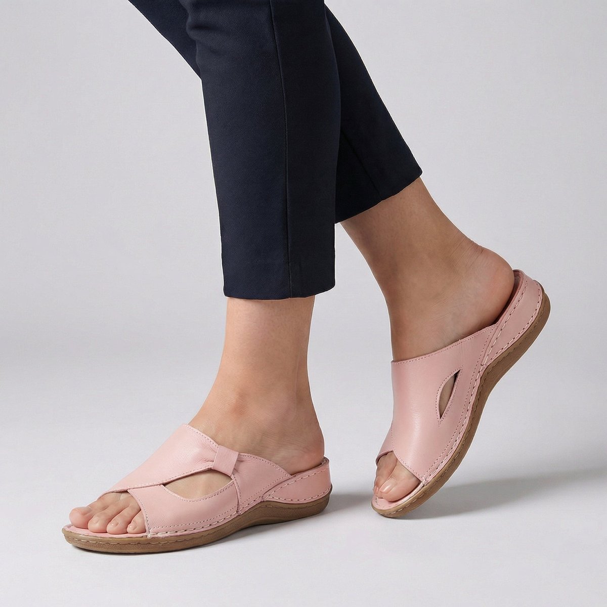Comfortable Cutout Wedge Slide Sandal for Women with Stitched Detail Low Heel Casual Style