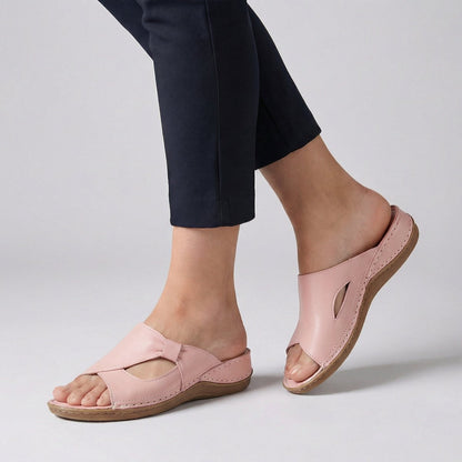 Comfortable Cutout Wedge Slide Sandal for Women with Stitched Detail Low Heel Casual Style