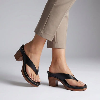 Stylish Black Leather Thong Sandal for Women with Wrapped Strap Block Heel Platform Style