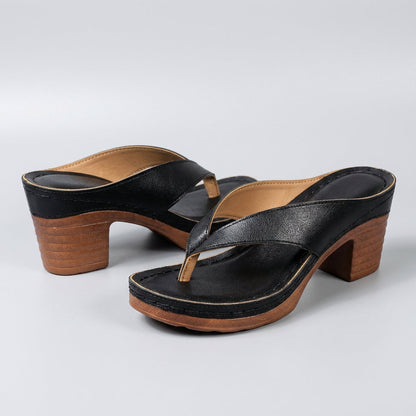 Stylish Black Leather Thong Sandal for Women with Wrapped Strap Block Heel Platform Style
